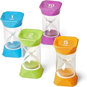 hand2mind Learning Resources Jumbo Sand Timer Bundle 1, 2, 5 & 10 Minute Sand Timer, Hourglass Shaped Sand Timer with Soft Rubber End Cap, Classroom Sand Timers for Kids, Game Timer (Set of 4)