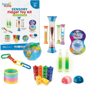 hand2mind Sensory Fidget Toy Kits for Kids, Sensory Toys for Sensory Play, Play Therapy Toys, Fidget Tube, Mini Glow Sticks, Play Foam, Stress Ball, Fidget Links, Fidget Cubes & Spring (128 Pieces)
