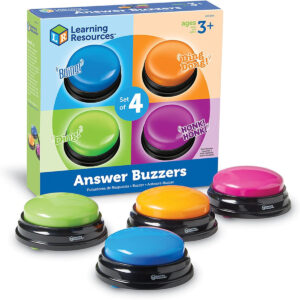 Learning Resources Answer Buzzers, Set of 4 Assorted Colored Buzzers, Game Show Buzzers, 3-1/2in, Multicolor, Ages 3+