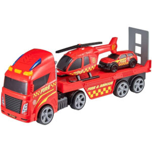 JCB The Teamsterz Fire Transporter Play Vehicle Set with Helicopter & Car is a portable, engaging toy for children aged 3 and above, powered by 3 LR44 batteries.