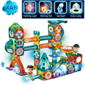 Glowing Magnetic Tiles Marble Run Race Track Super Set - 150 Complete Pieces Glow in The Dark STEM Light Magnetic Building Blocks Gravity Marble Maze Games for Toddlers Kids Boys Girls Ages 3+ Years