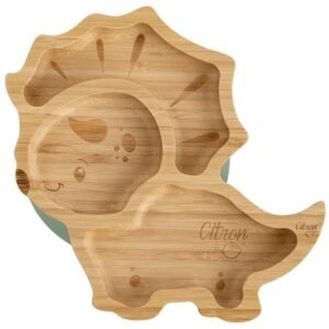 Citron Organic Bamboo Plate Suction + Spoon Dino Pastel Green