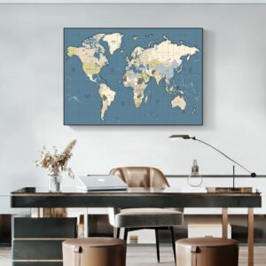 Faeber Decorative World Map Wall Art, Blue and Beige, 122 x 61 cm