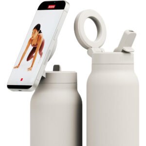 RINGO PRO Water Bottle with Sip Straw Lid| Stainless Steel Hydration Bottle w/ Integrated Magnetic Phone Mount, 12Hrs Hot/24Hrs Cold, BPA-Free, Works w/ Phones & Tablets - Ivory 24Oz / 710ml