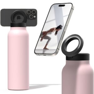 RINGO Water Bottle + Free Magnetic Booster Ring| Stainless Steel Hydration Bottle w/ Integrated MagSafe Phone Mount, 12Hrs Hot/24Hrs Cold, BPA-Free, Works w/ All Devices Android & iOS - Pink 24Oz