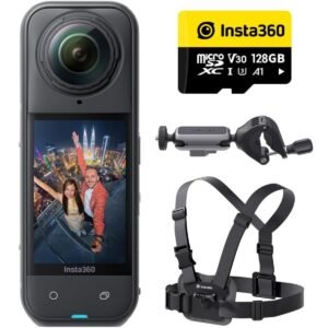 Insta360 X5 Cycling Bundle|X5 Camera + Handlebar Mount + Mount Extension + Chest Strap + 128GB Micro SD Card + Adapters + Screws + Anti-Slip Rings, for Cyclists, Riders, Bikers - Black