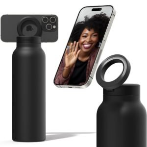 RINGO Water Bottle + Free Magnetic Booster Ring| Stainless Steel Hydration Bottle w/ Integrated MagSafe Phone Mount, 12Hrs Hot/24Hrs Cold, BPA-Free, Works w/ All Devices Android & iOS - Black 24Oz