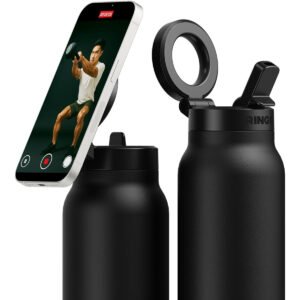 RINGO PRO Water Bottle with Sip Straw Lid| Stainless Steel Hydration Bottle w/ Integrated Magnetic Phone Mount, 12Hrs Hot/24Hrs Cold, BPA-Free, Works w/ Phones & Tablets - Black 24Oz / 710ml