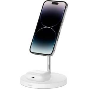 Belkin BOOST CHARGE PRO 2-IN-1 Wireless Charger Stand with MagSafe - for Apple iPhone 12 Pro Max/12 Pro/12/12 Mini & AirPods/Airpods Pro Wireless Charging Case - White