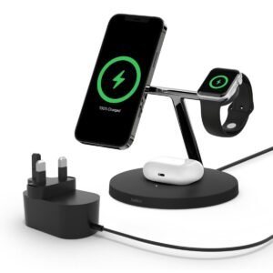 Belkin BOOST CHARGE PRO 3-IN-1 Wireless Charger Stand with MagSafe - for Apple iPhone 12 Pro Max/12 Pro/12/12 Mini, Apple Watch Series SE/6/5/4/3/2/1 & AirPods/Airpods Pro - Black