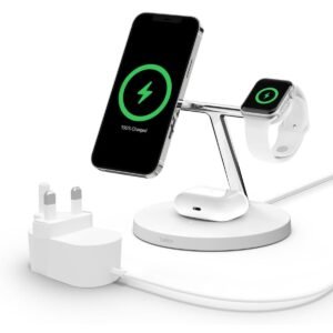 Belkin BOOST CHARGE PRO 3-IN-1 Wireless Charger Stand with MagSafe - for Apple iPhone 12 Pro Max/12 Pro/12/12 Mini, Apple Watch Series SE/6/5/4/3/2/1 & AirPods/Airpods Pro - White