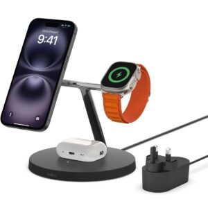 Belkin BOOSTCHARGE PRO 3-IN-1 Wireless Stand Fast Charger w/ 15W MagSafe for Apple iPhone 15/14/13/12 Pro Max/Pro/Plus, Apple Watch Series Ultra SE/9/8/7/6/5/4/3/2/1 & AirPods/Airpods Pro - Black