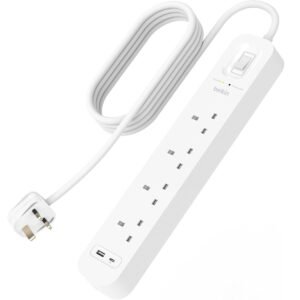 Belkin 4-Outlet Surge Protector w/ Charging Ports 18W| 2meters Cable Length, 525 Joules Protection, PD Fast Charge 1x USB/C 1x USB-A, Heavy Duty Chord, w/ Switch & LED Indicator, - UK 3-Pin