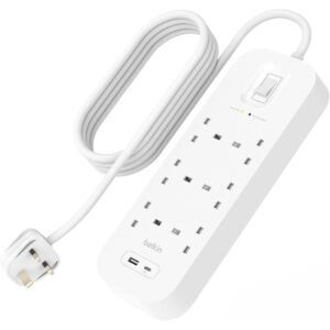 Belkin 6-Outlet Surge Protector w/ Charging Ports 18W| 2meters Cable Length, 650 Joules Protection, PD Fast Charge 1x USB/C 1x USB-A, Heavy Duty Chord, w/ Switch & LED Indicator, - UK 3-Pin