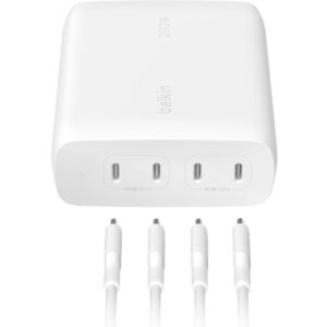 BELKIN BoostCharge Pro 200W 4-Port USB-C GaN Charger| Ultra Fast PD 3.1 Charging, for PC, MacBooks, iPhone 16/15/14/13/12, iPads, Samsung S25/24, iOS, Android, Windows, Home/Office Use - White