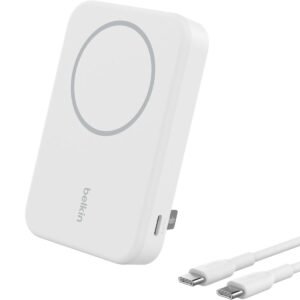 BELKIN Magnetic Qi2 Wireless Power Bank 8KmAh + Kick Stand| 15W MagSafe Portable Charger,Movies, Video Call, NightStand, for Apple iPhone 16/15/14/13/12 Series, S25/24/23 Ultra, iOS & Android - White