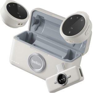 Belkin Stage Wireless Microphone, Dual Omnidirectional Mics with USB-C Receiver, 100m Range, 36H Battery, Noise Reduction, Magnetic Clip, for Content Creators & Vlogging - Sand